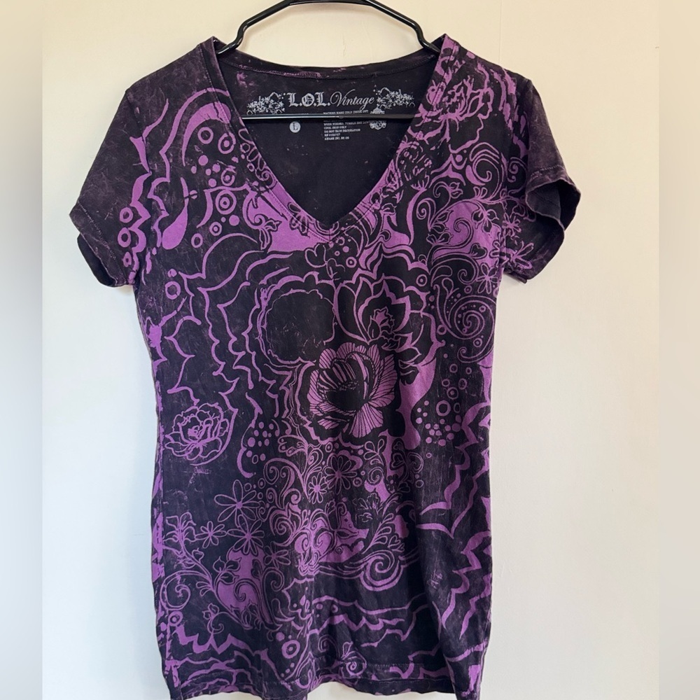 L.O.L. Vintage V-Neck Purple and Black Tee Y2K style